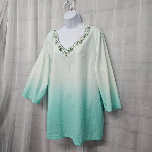 Krazy Kat Green Ombre Beaded Blouse Peasant Hippie Beach Festival L - Picture 6 of 12